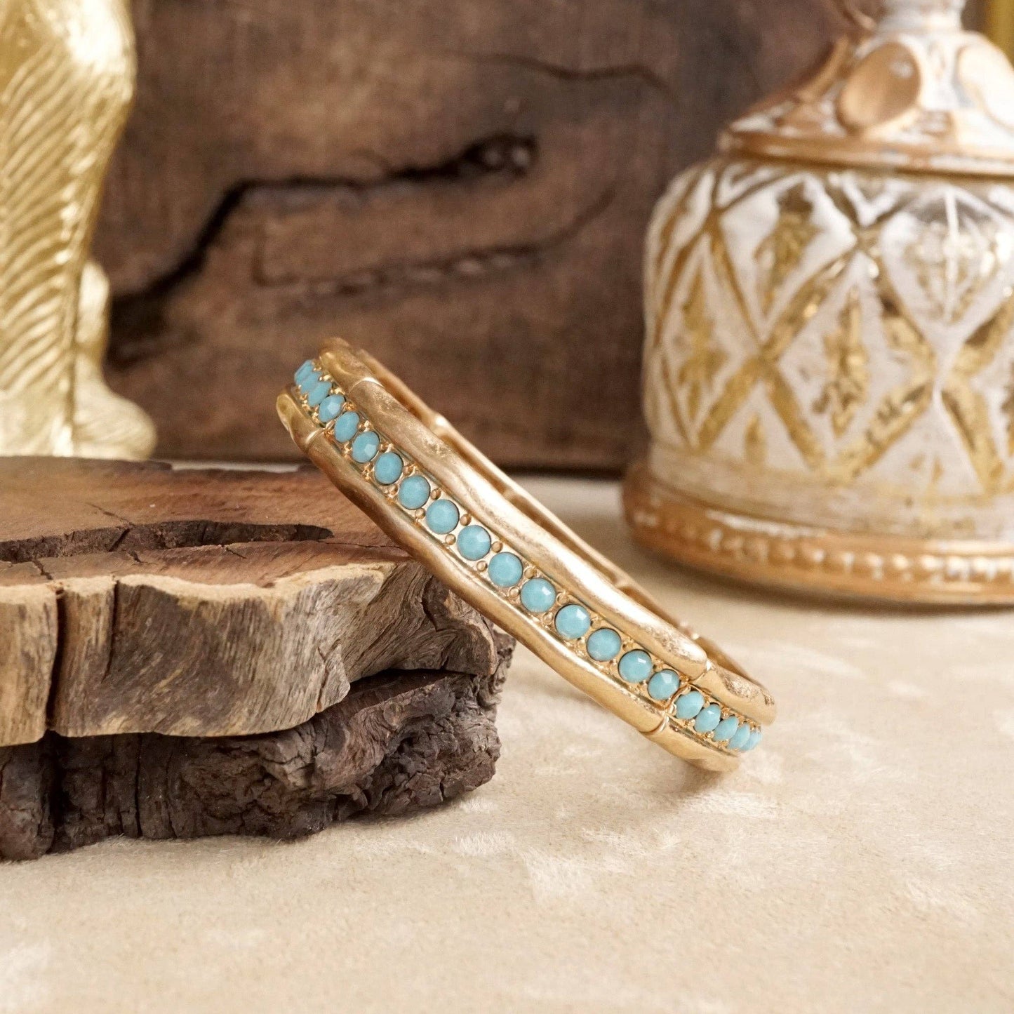 Turquoise Pearl Minimalist Bangle Bracelet – Brushed Gold