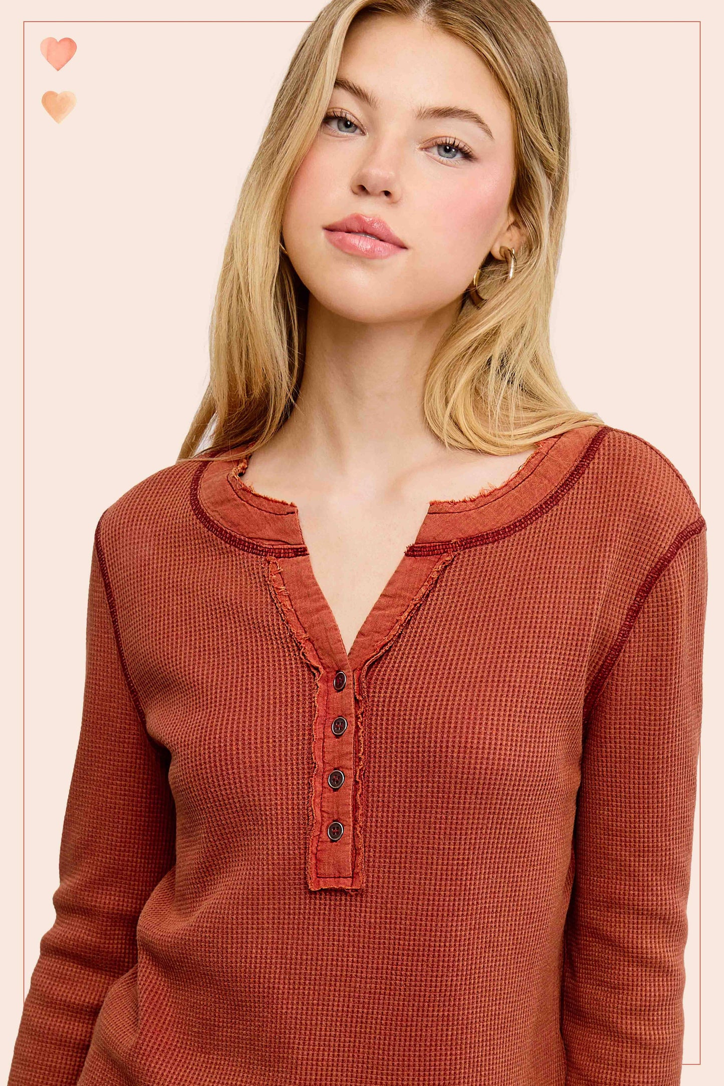 Waffle Long Sleeve Button Front Henley Thermal Top