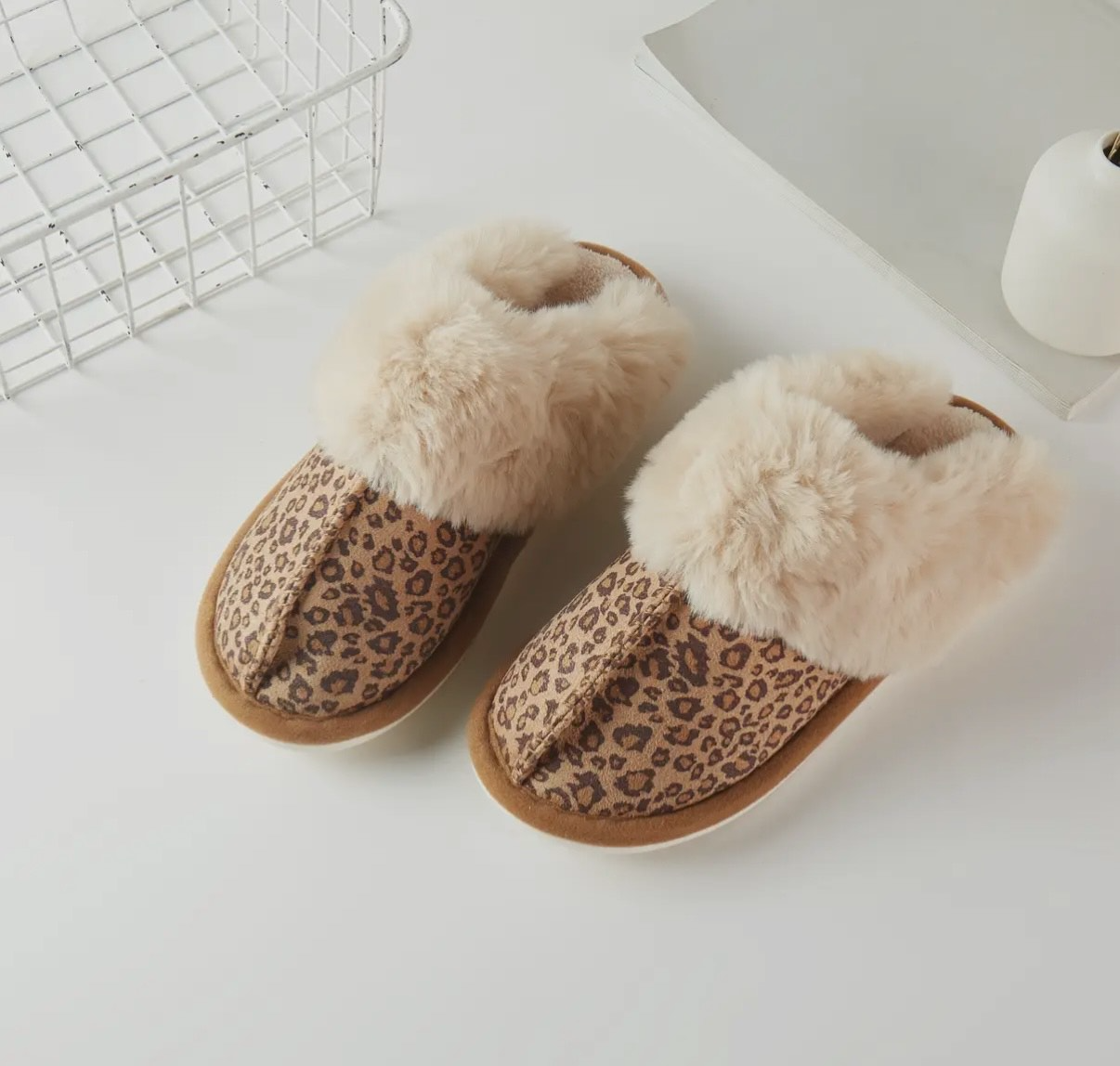 Faux Fur Leopard Print Fuzzy Slippers Non Slip Sole
