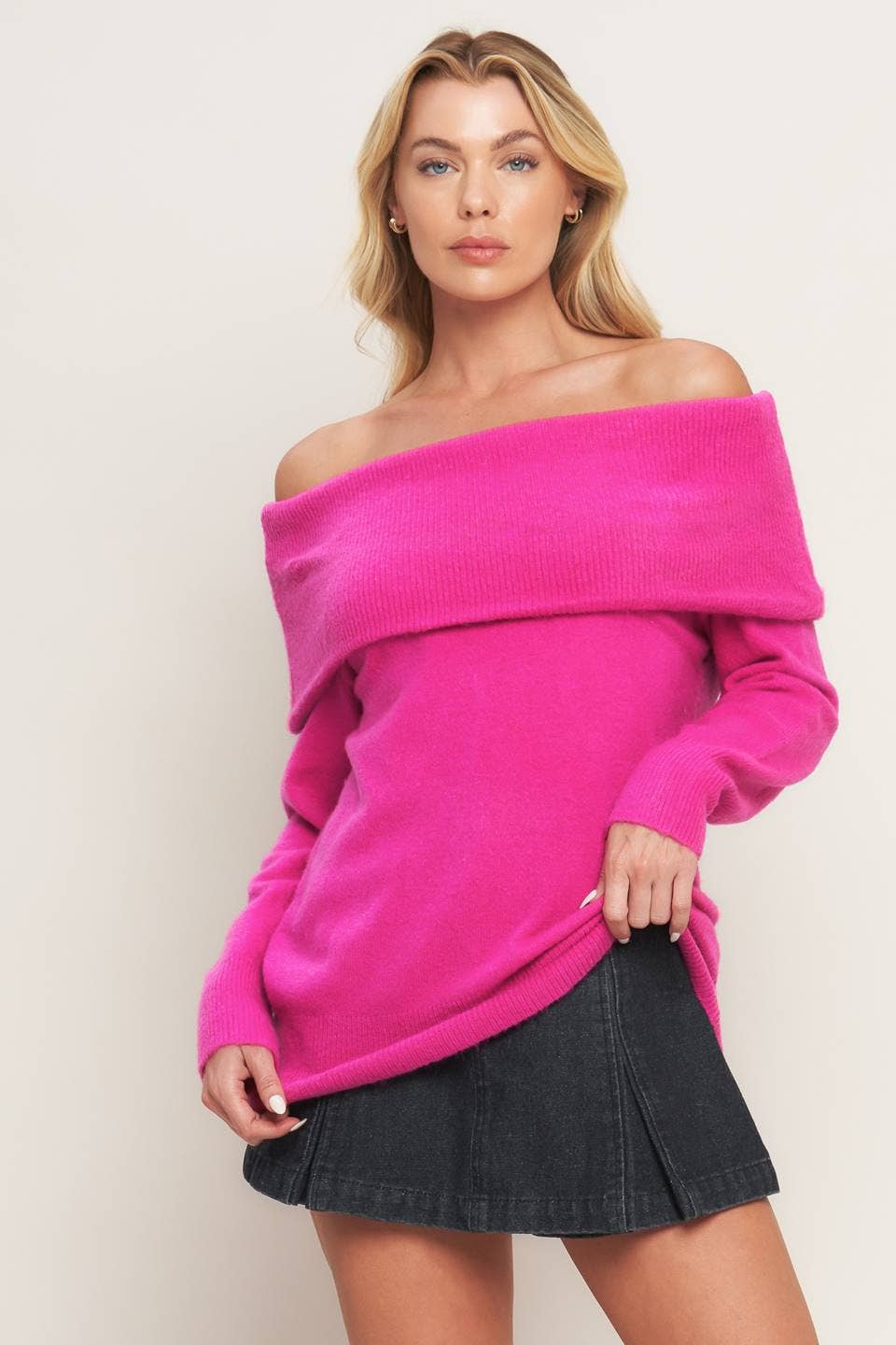 Off the Shoulder Hot Pink Sweater