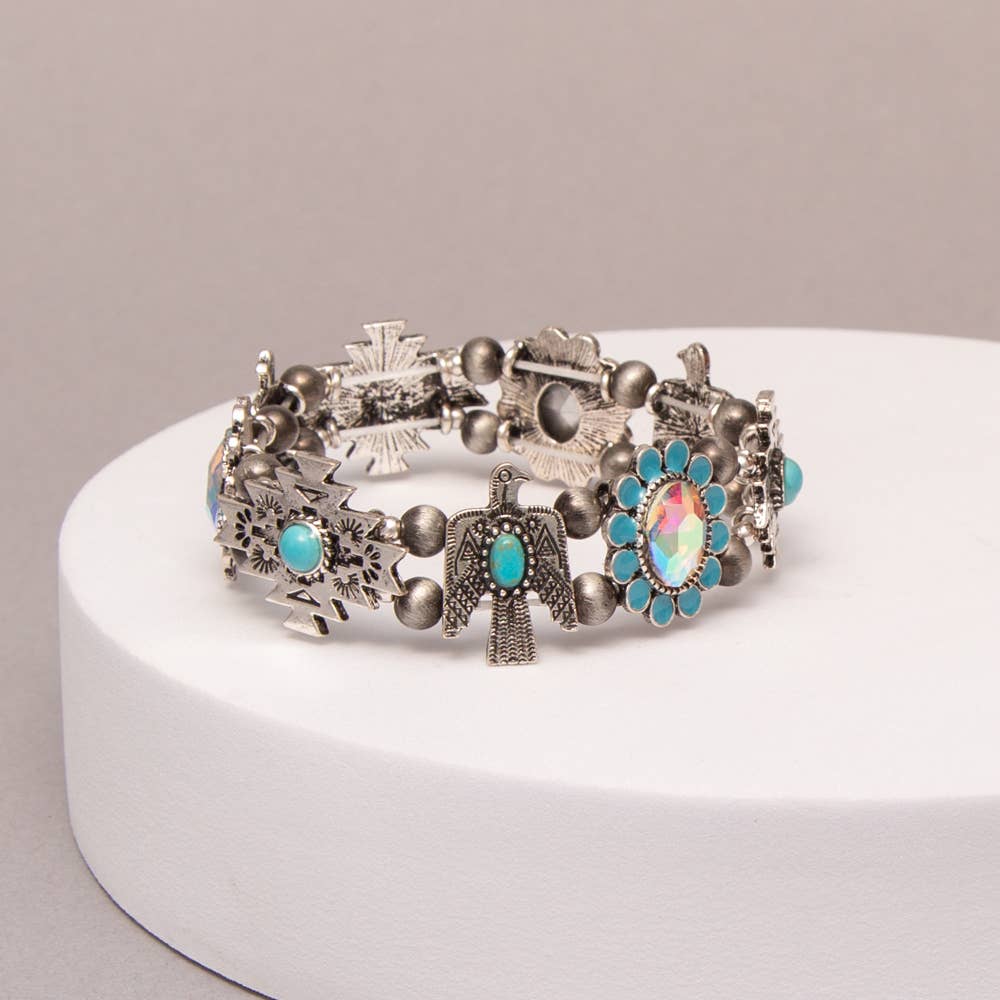 Western Turquoise Stretch Bracelet With Aztec Designs
