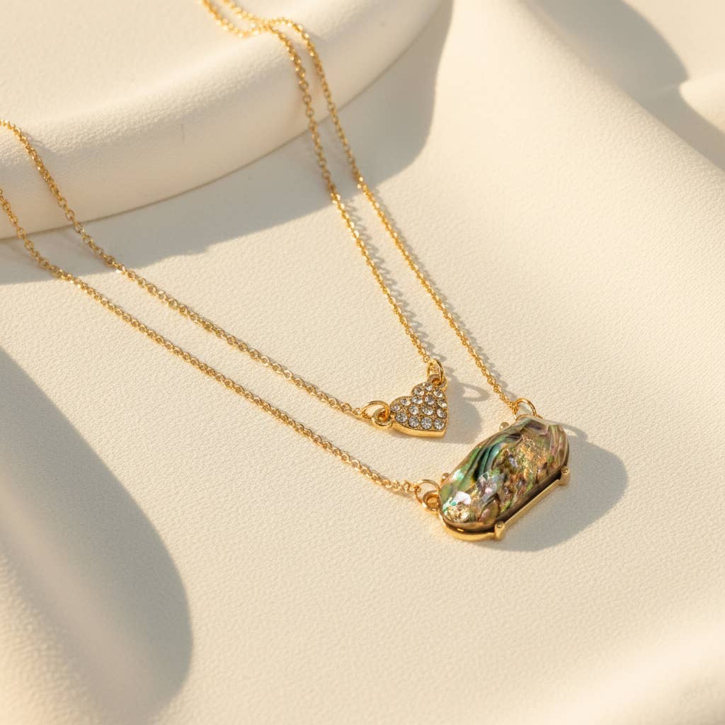 Abalone- 2 Row Heart Stone Charm & Hexagon Bead Pendant Necklace