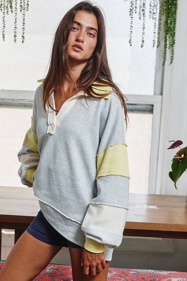 French Terry Color-block Collared Loose Fit Top