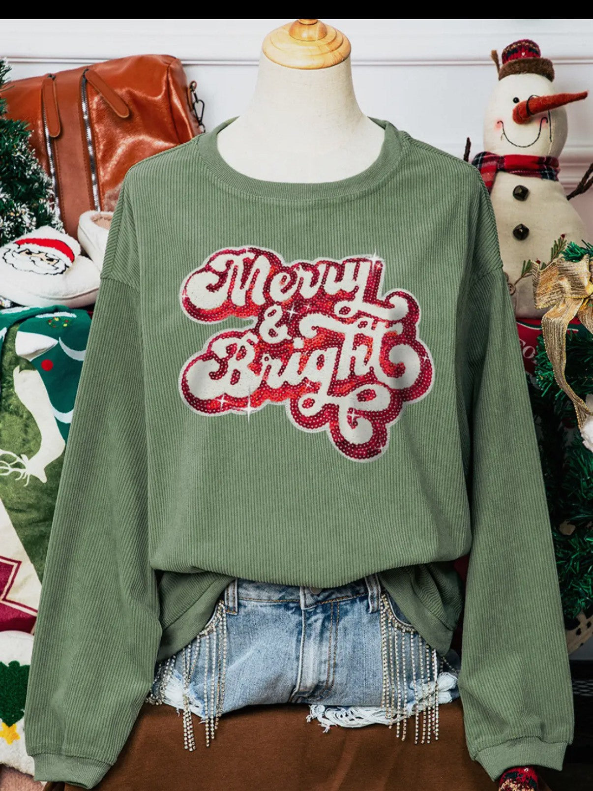 Green corduroy Christmas sweater -Merry & Bright