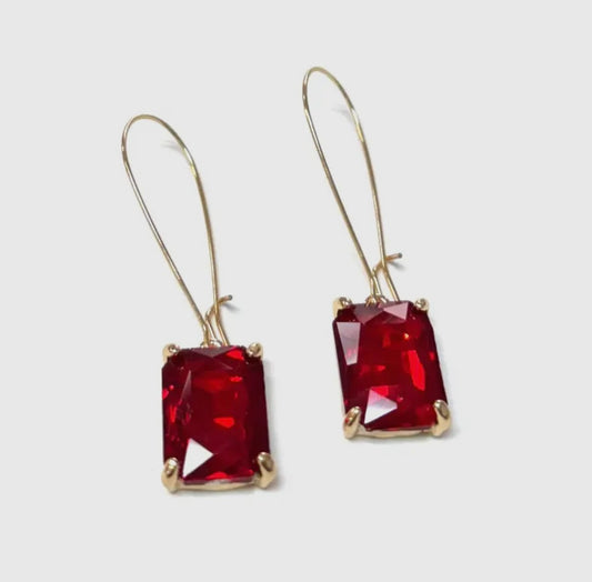 Red Emerald Cut Glass Bead with Kidney Wire Dangle Earrings