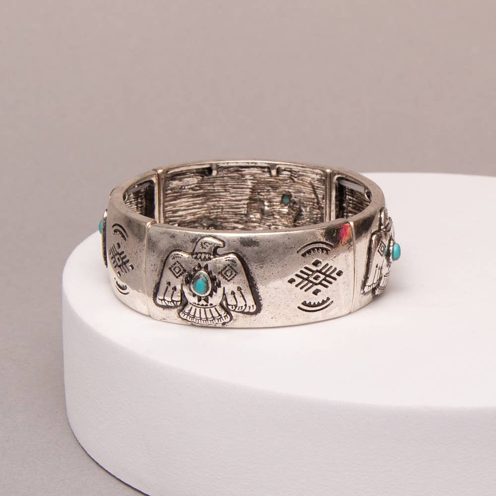 Western Stretch Bracelet With Thunderbird And Turquoise
