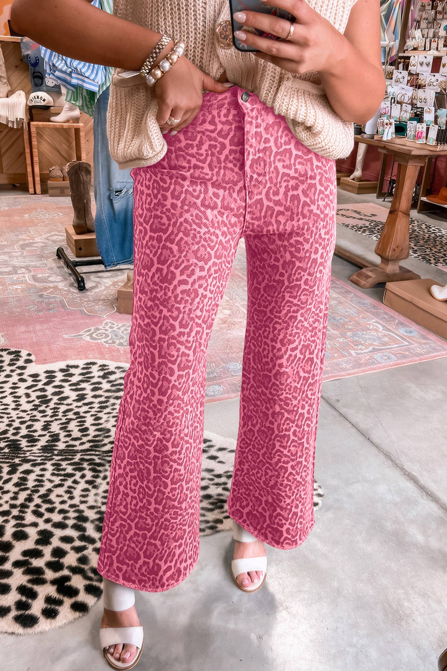 Pink Leopard High Waist Jeans with Frayed Edge -Wide Leg