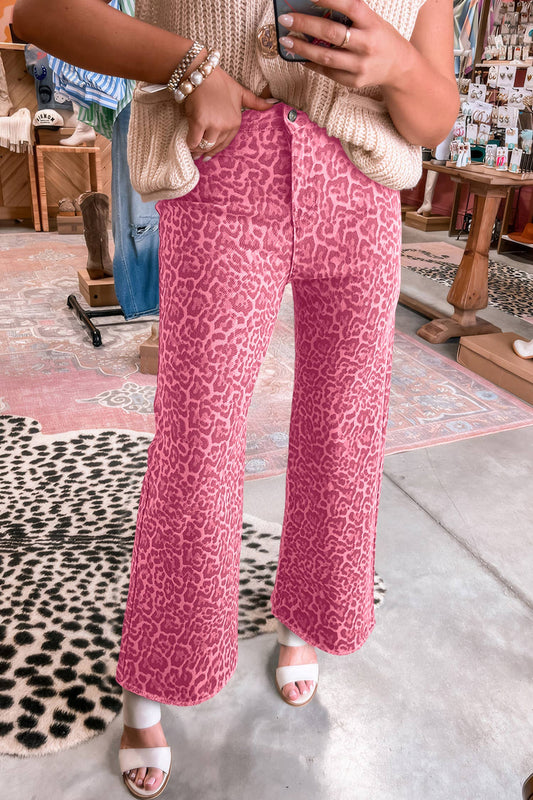 Pink Leopard High Waist Jeans with Frayed Edge -Wide Leg