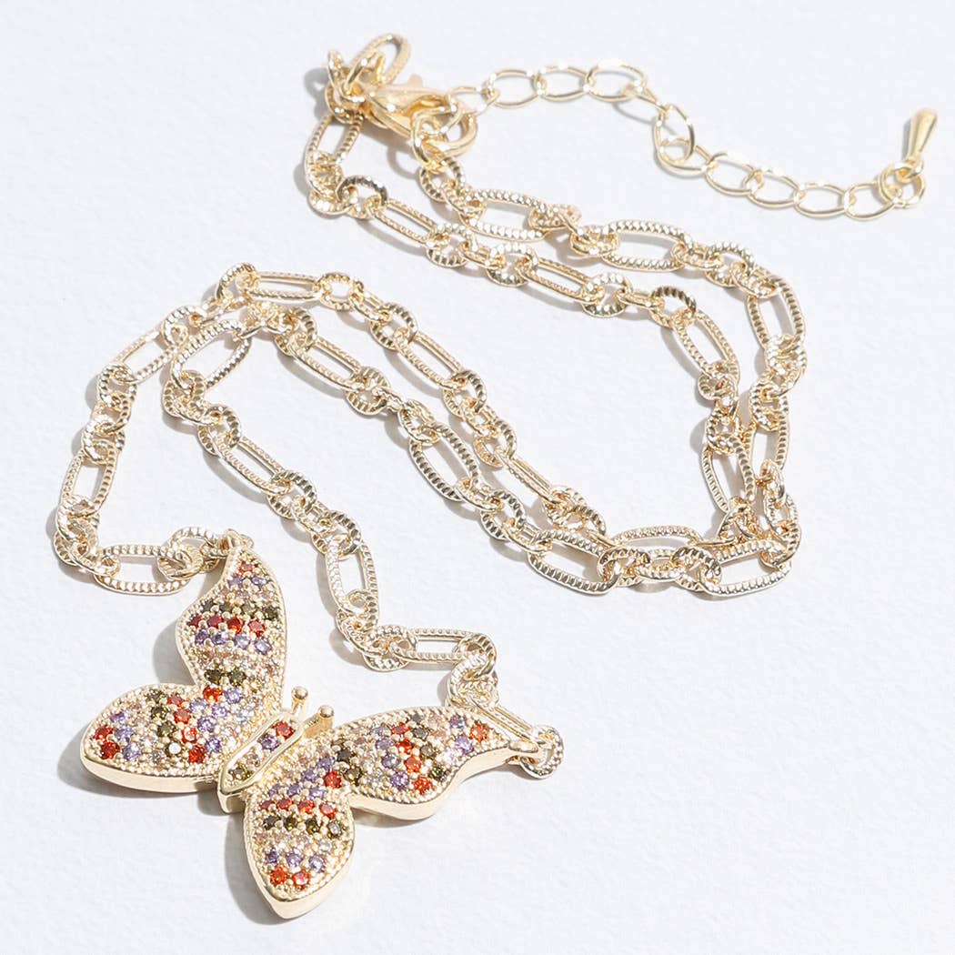 Colorful CZ Butterfly Pendant Linked Necklace