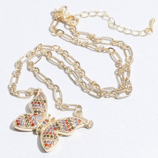 Colorful CZ Butterfly Pendant Linked Necklace