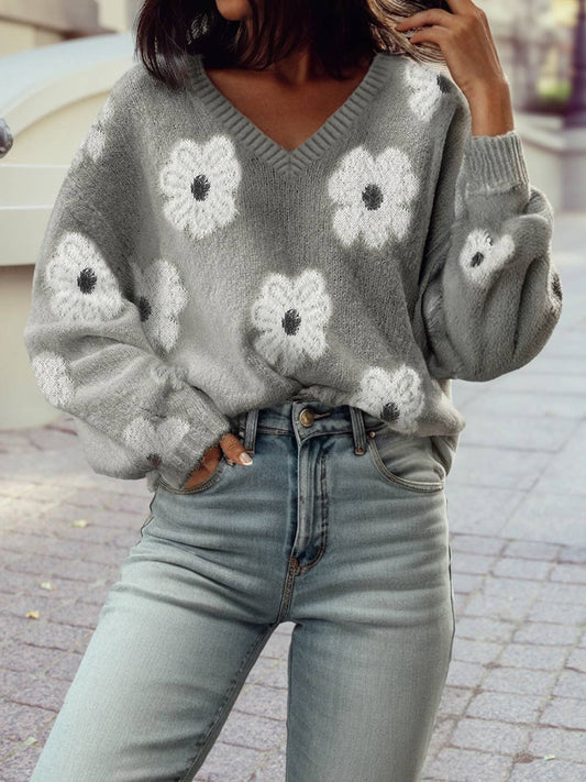 Cute Flower Print V Neck Drop Shoulder Baggy Sweater