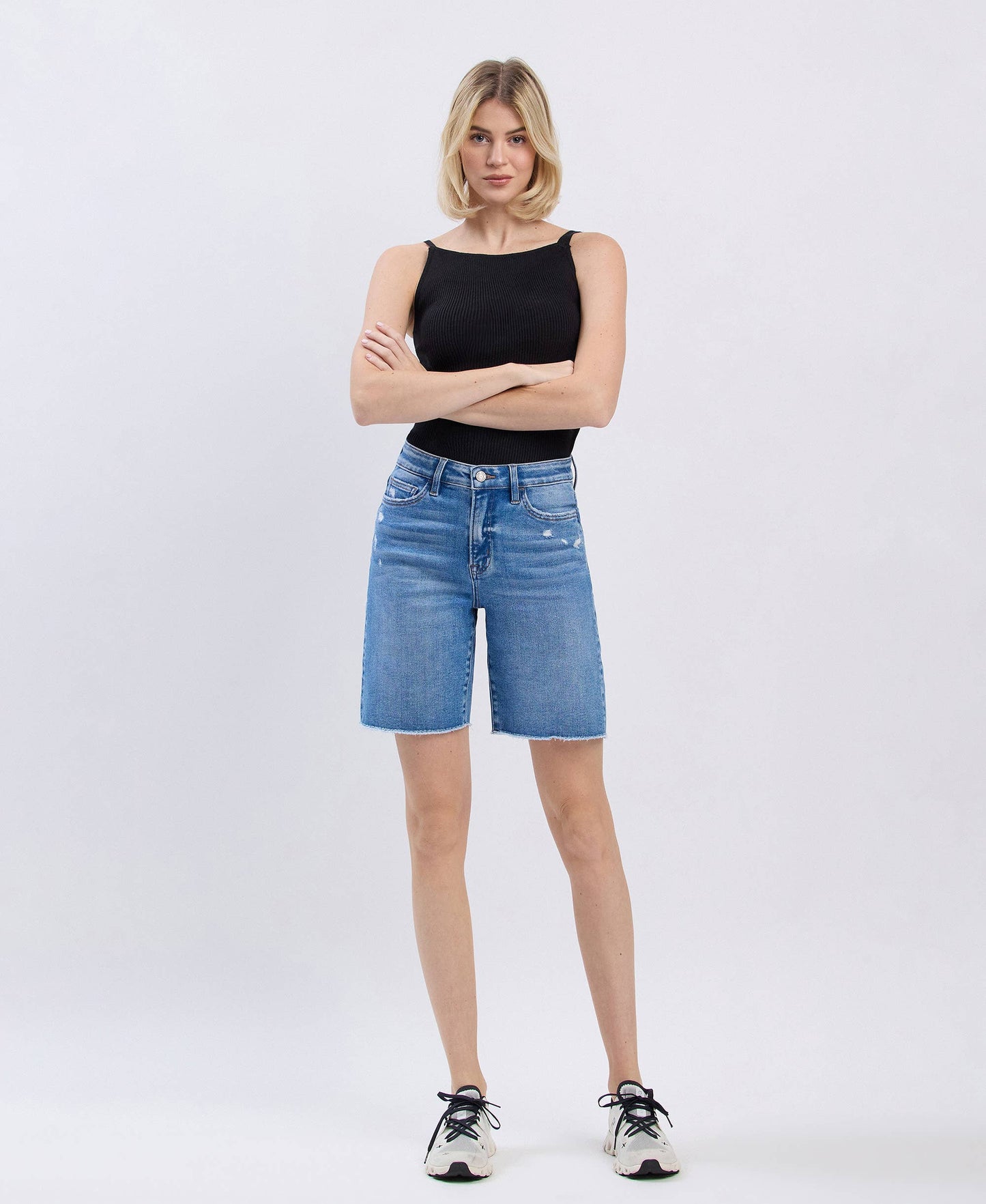 VERVET by FLYING MONKEY - HIGH RISE RAW HEM BERMUDA SHORTS