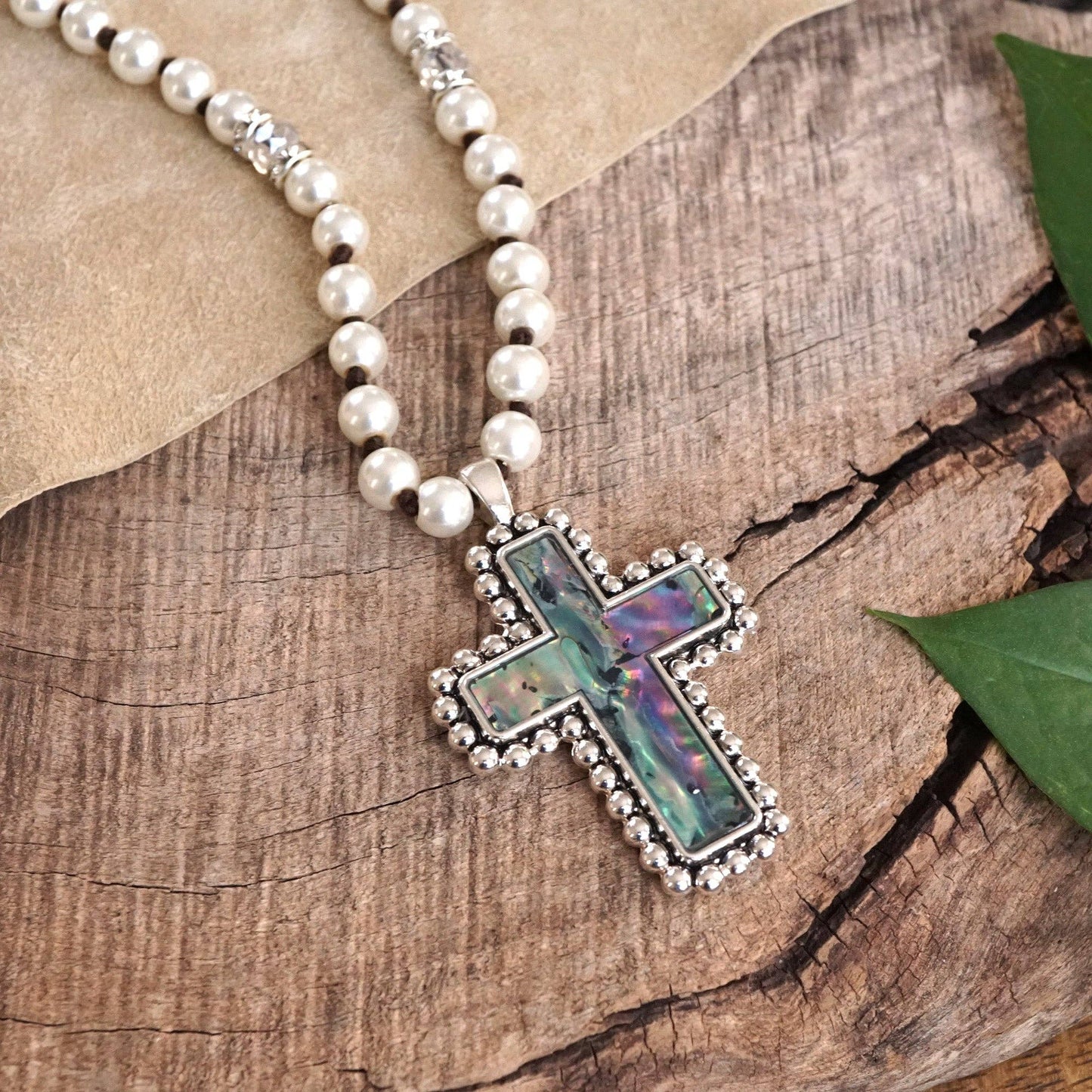 Pearlized beads Necklace with Cross pendant & Mother of Pearl Abalone