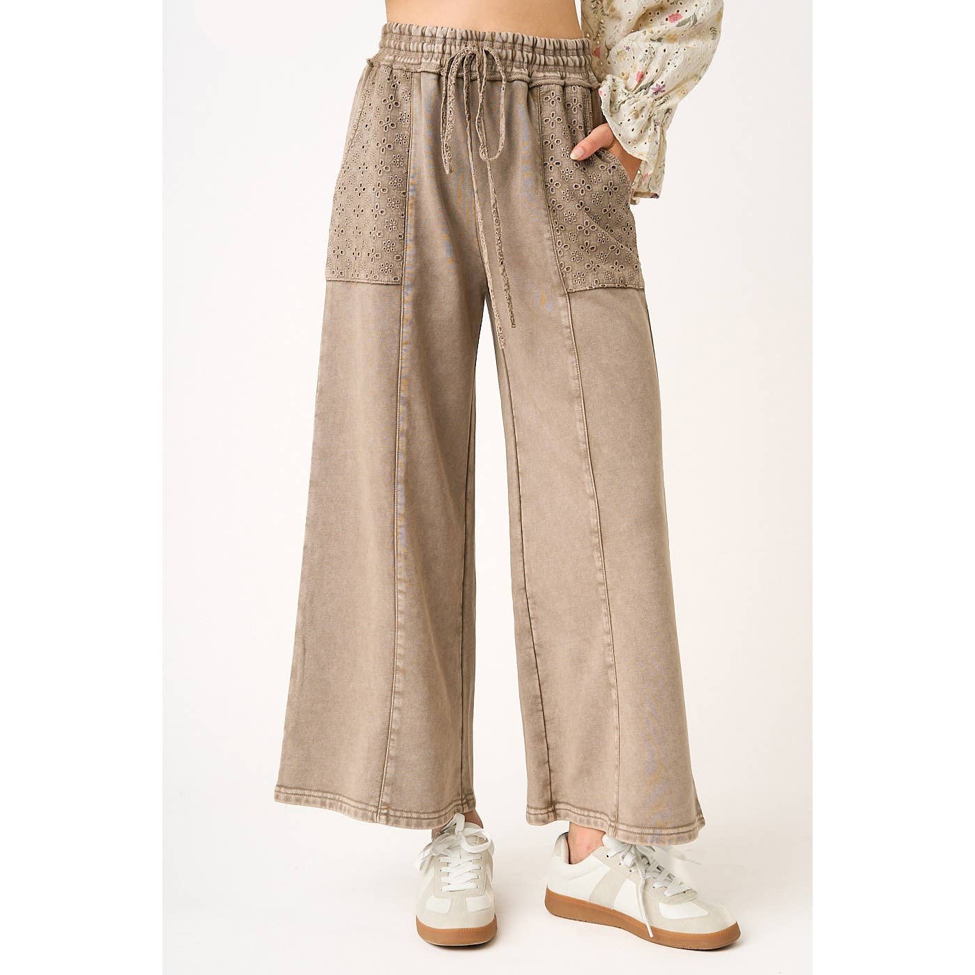 Brown Eyelet Lace -MINERAL WASH WIDE LEG PANTS