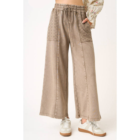 Brown Eyelet Lace -MINERAL WASH WIDE LEG PANTS