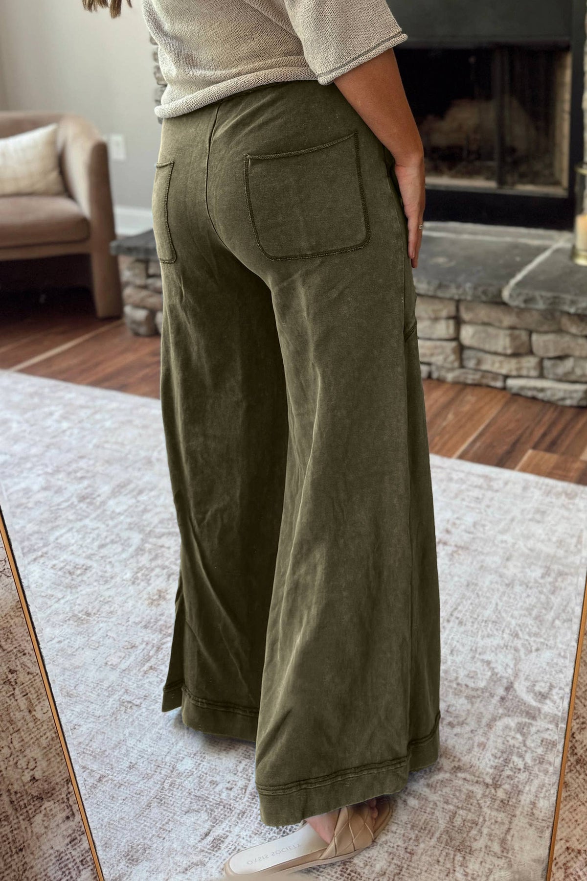 Green Wash Seam Flare Leg Drawstring Pants