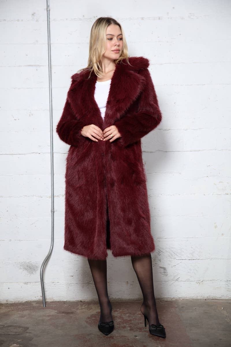 Burgundy Long Hair Faux Fur coat