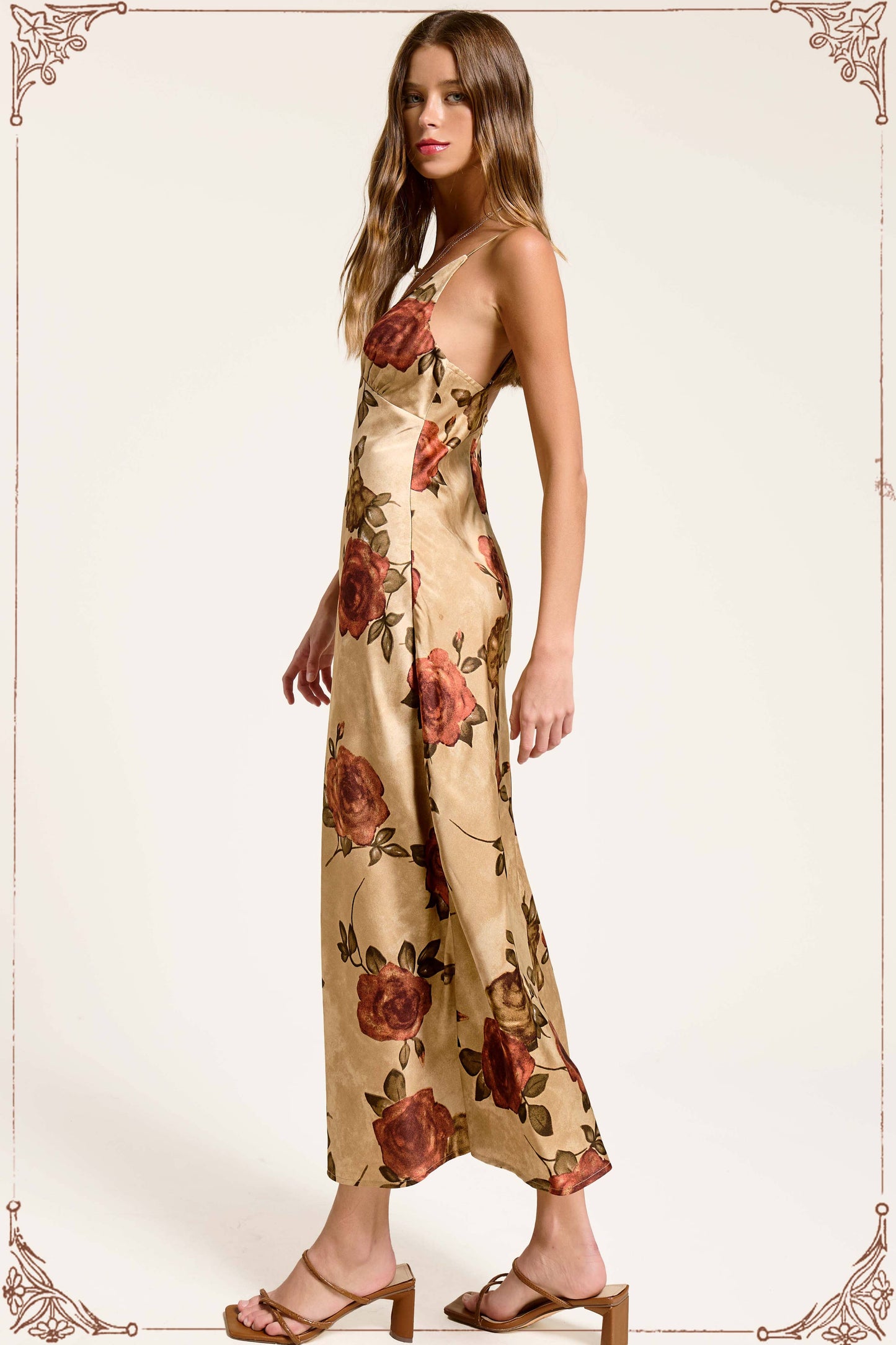 Floral Satin Midi Slip Dress with V Neckline