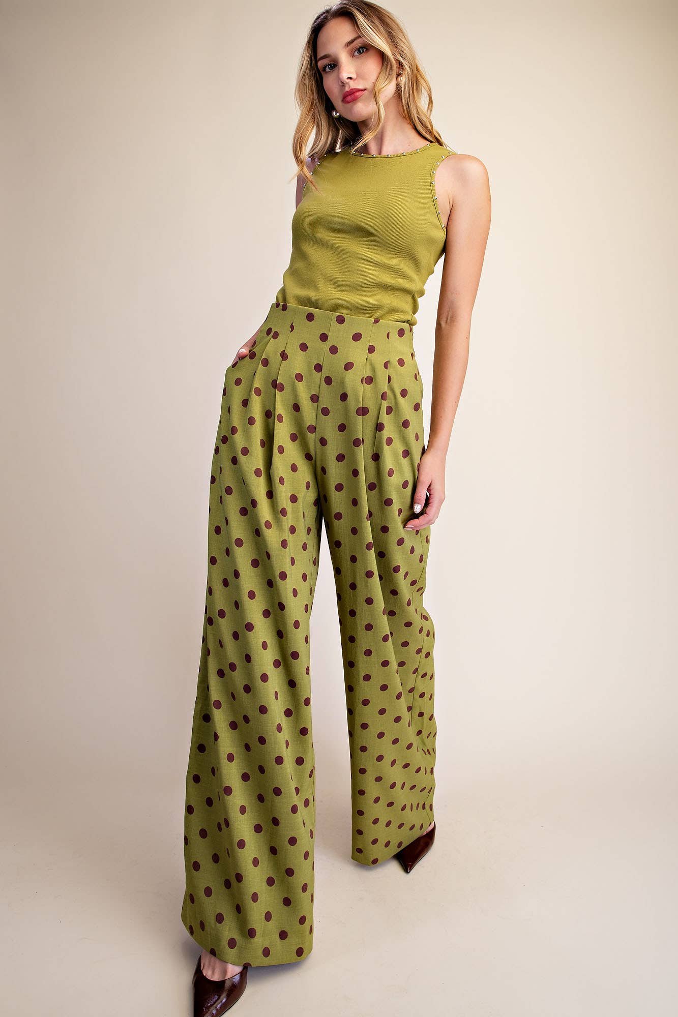 Olive Green Polka Dot Pleated High-Waisted Wide Pants