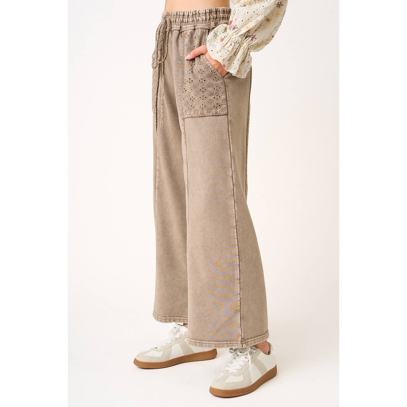 Brown Eyelet Lace -MINERAL WASH WIDE LEG PANTS