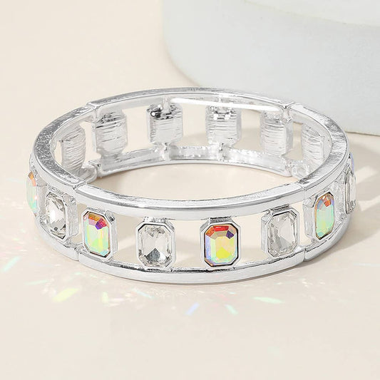 Silver Open Frame Bracelet w/ Emerald Cut Clear & AB stones