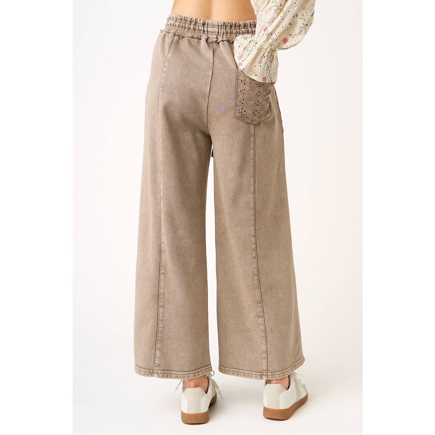 Brown Eyelet Lace -MINERAL WASH WIDE LEG PANTS