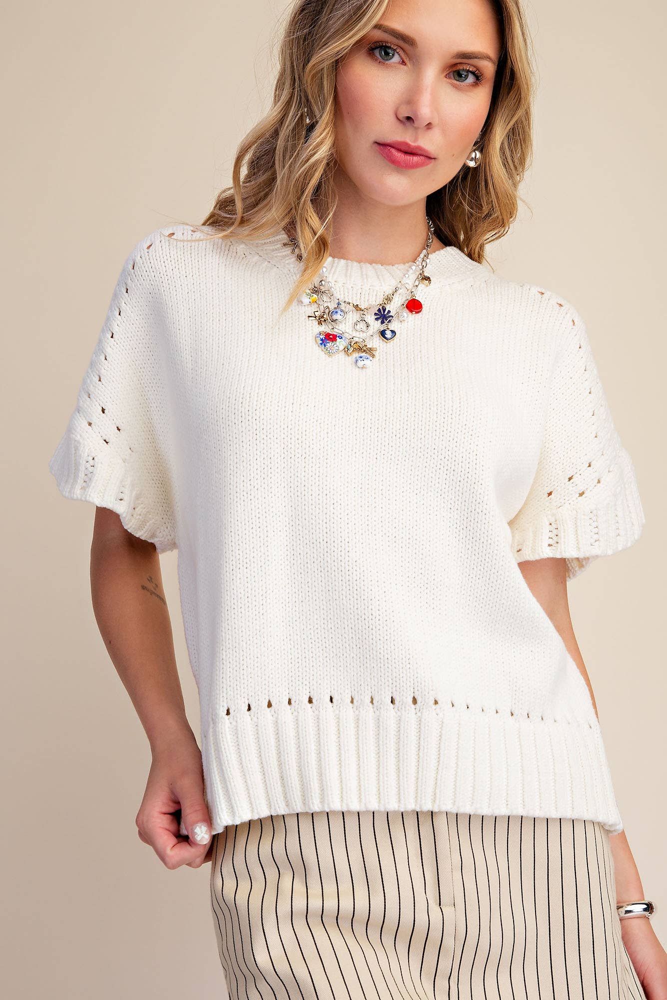 Ecru -Short-Sleeve Crew-Neck Sweater
