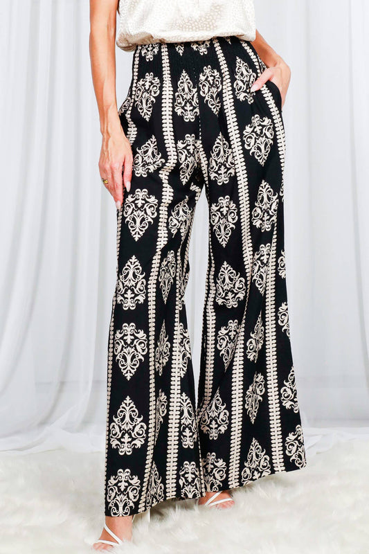 Vine & Love -Black Geo Printed Wide Leg Woven Pants