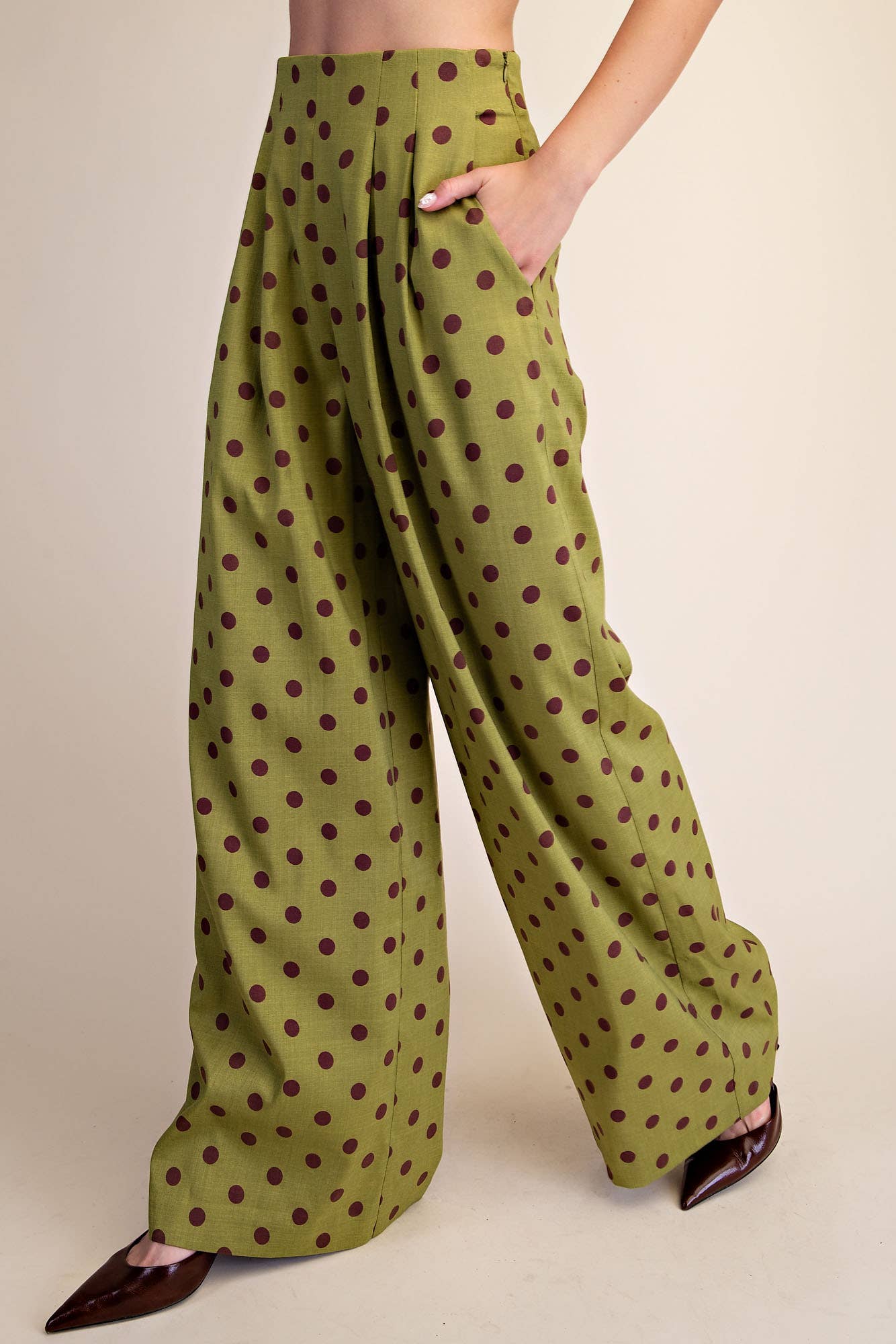 Olive Green Polka Dot Pleated High-Waisted Wide Pants