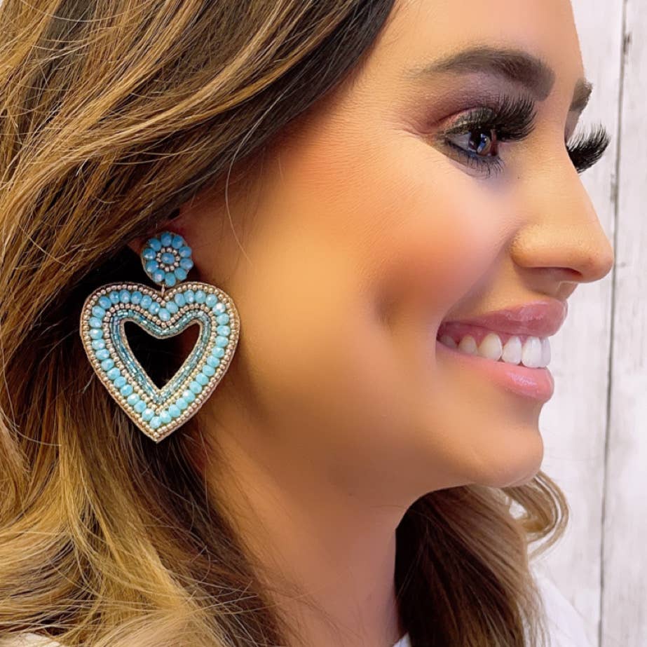 Blue Beaded Heart Earrings