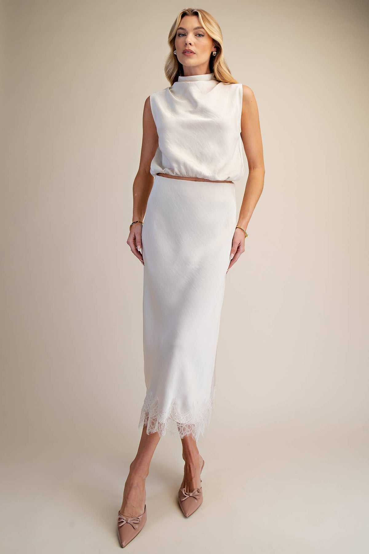 White Lace Satin Midi Skirt