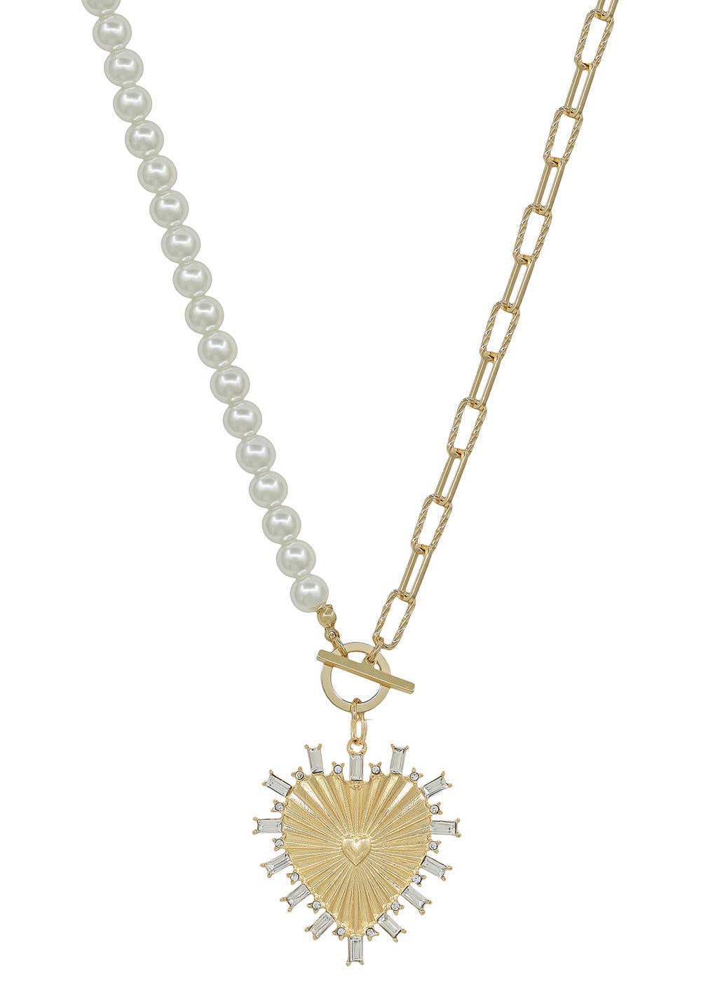 Pearl and Gold chain with Rhinestone Studded Heart Charm Necklace