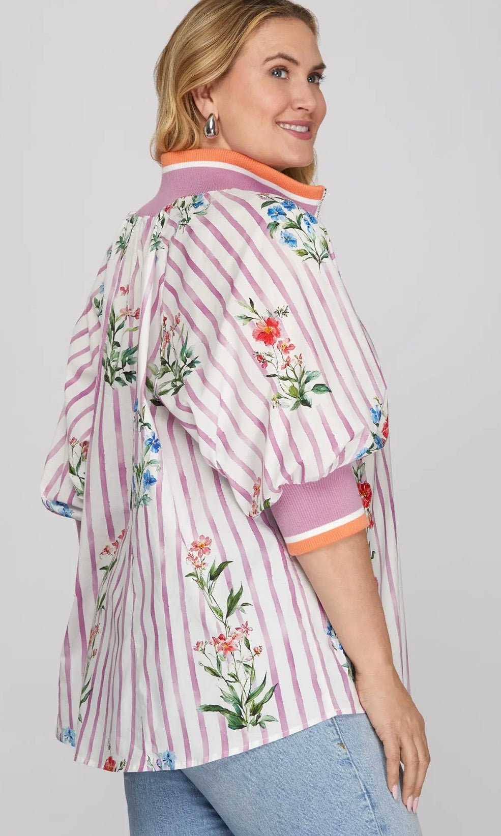 Floral Lavender Stripe Quarter Zip Top