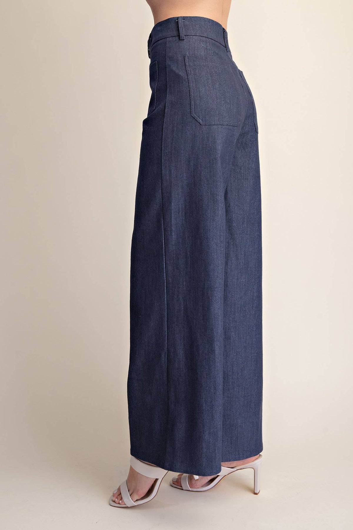 Dark Denim -Stretchy Jeans High Rise Front Pocket Wide Leg