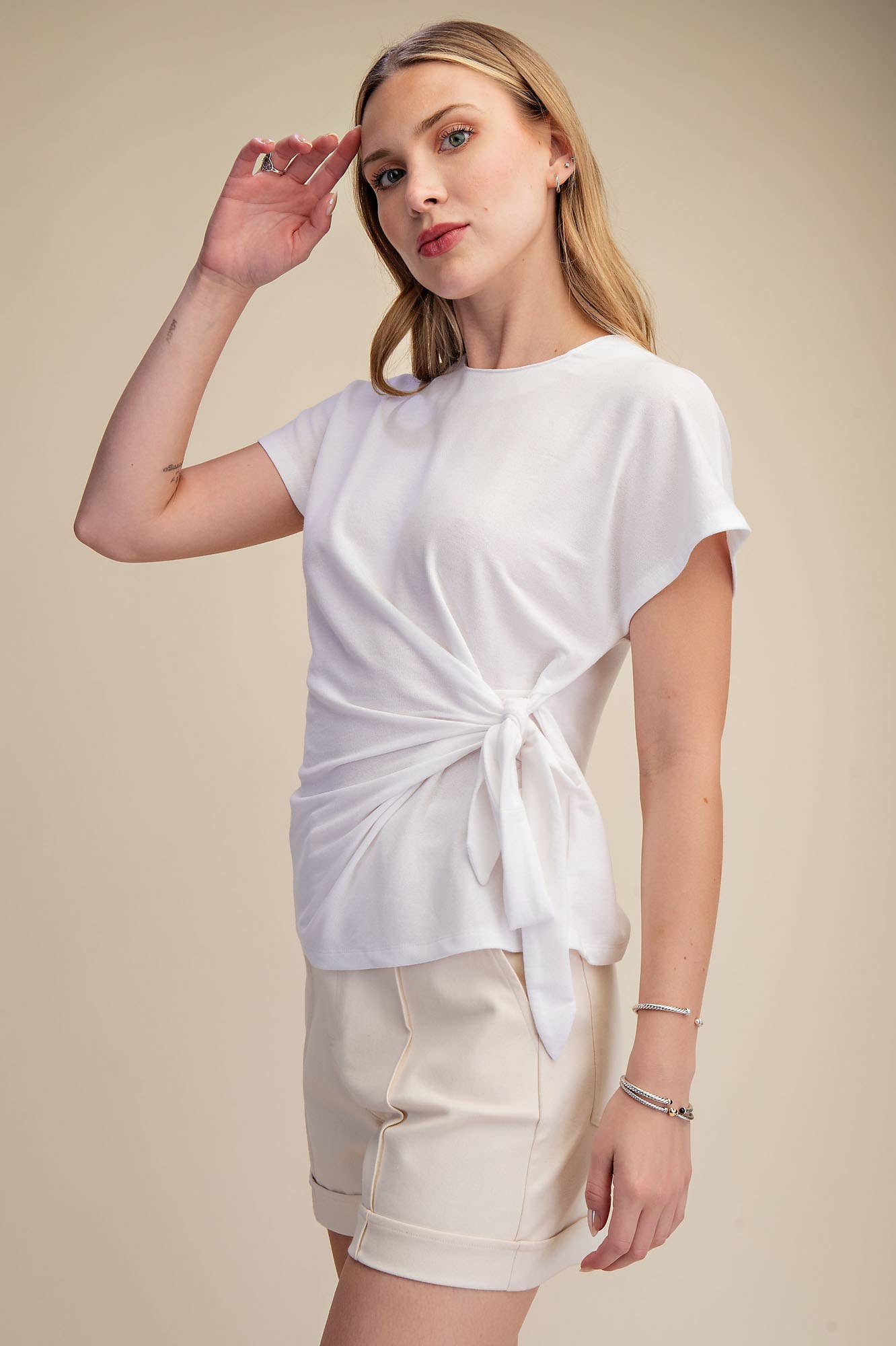White- Knotted Tie Light Knit Top