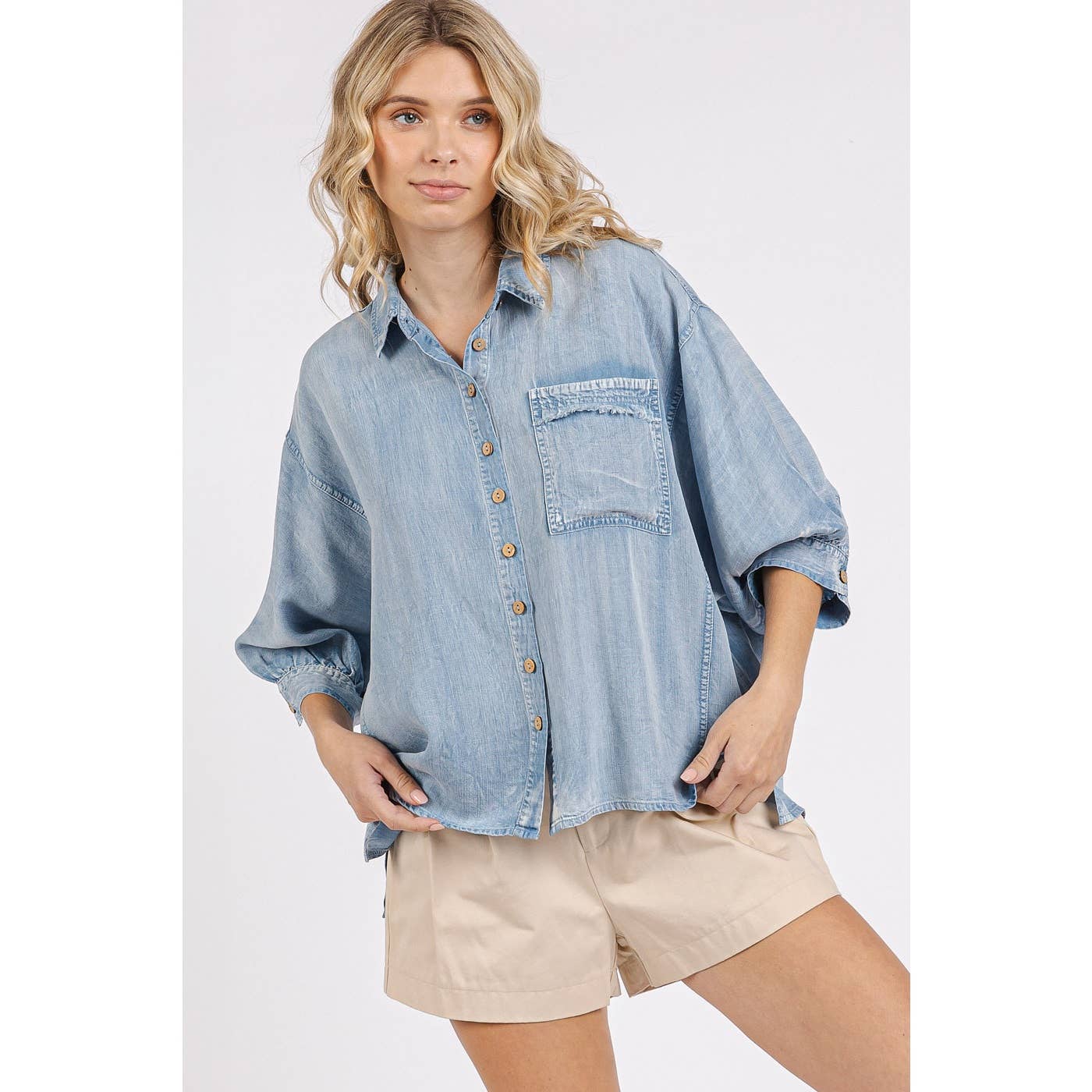 3/4 Sleeve -TENCEL CHAMBRAY DOLMAN SLEEVE SHIRT