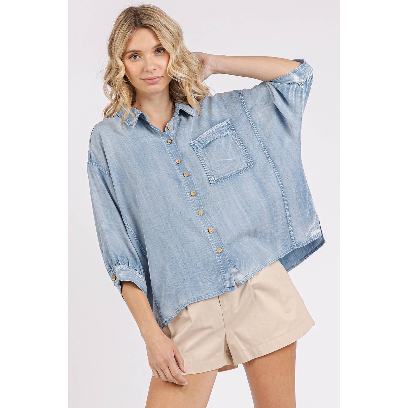 3/4 Sleeve -TENCEL CHAMBRAY DOLMAN SLEEVE SHIRT