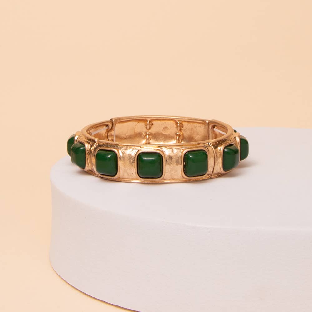 Gold Bracelet with Hunter Green Stones- Stretch Bracelet