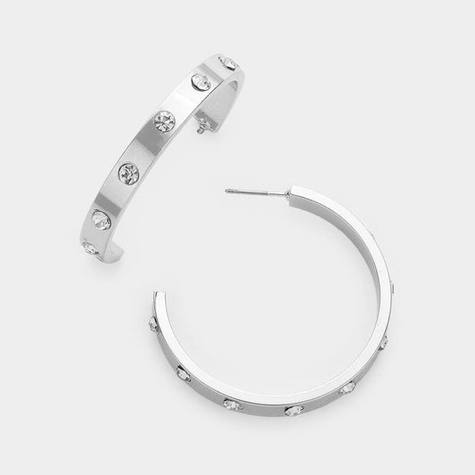 Silver Embellished Metal Hoop Earrings