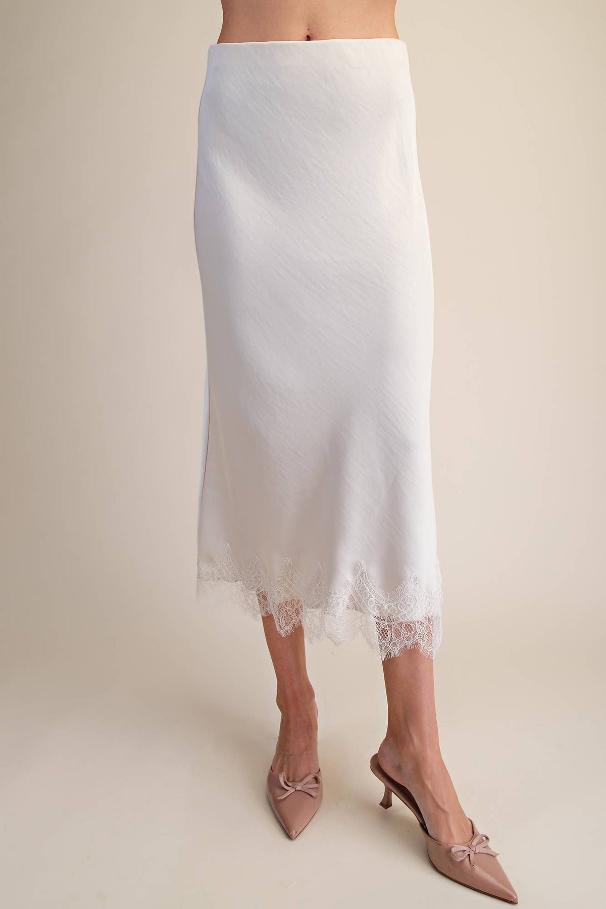 White Lace Satin Midi Skirt