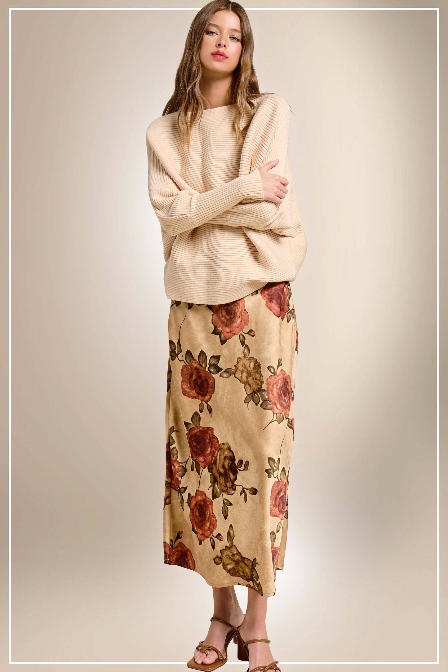 Floral Satin Midi Slip Dress with V Neckline