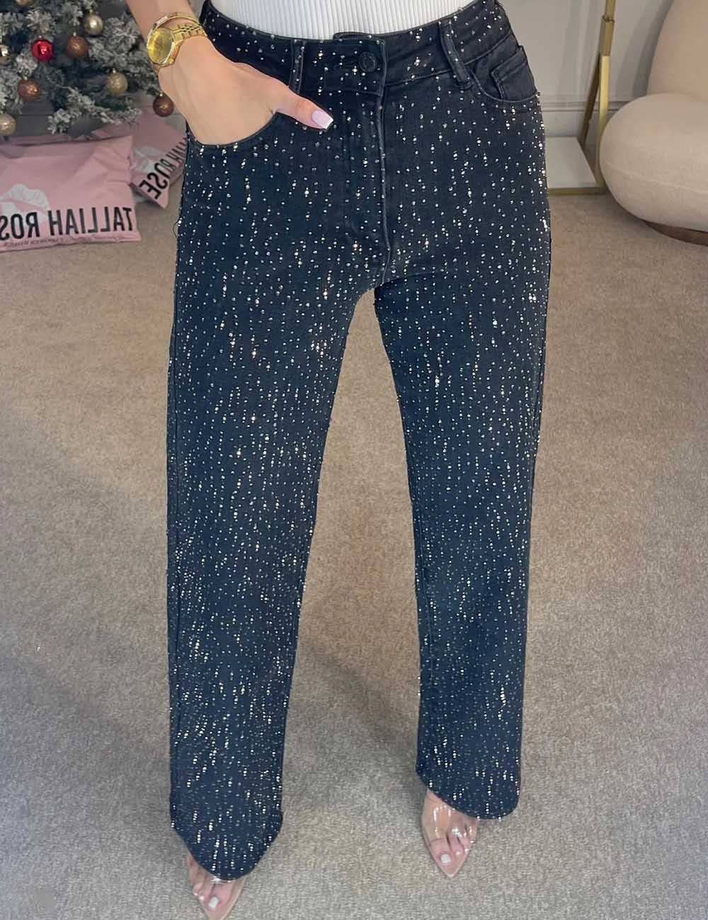 Black Rhinestone Straight Denim Jeans