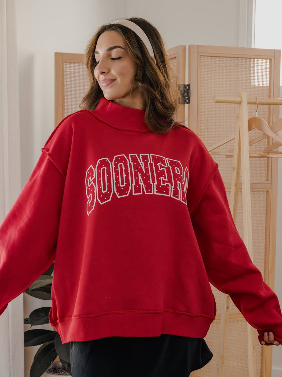 LivyLu - OU Sooners Polka Dot Puff Reversible Mock Neck Sweatshirt
