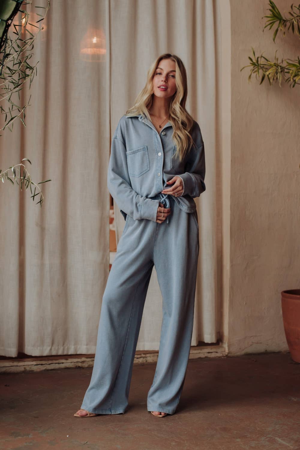 Panache Apparel Co. - Lt. Blue Washed Soft Sweatpants & Cropped Button Up Set