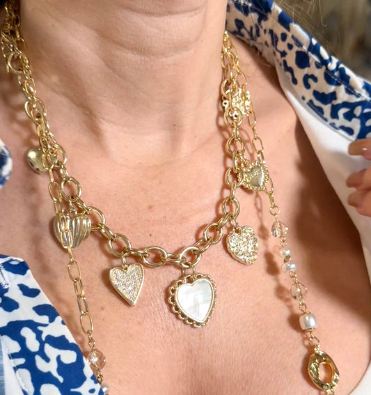 14K Gold Plated CZ Mother of Pearl Heart Charm Necklace