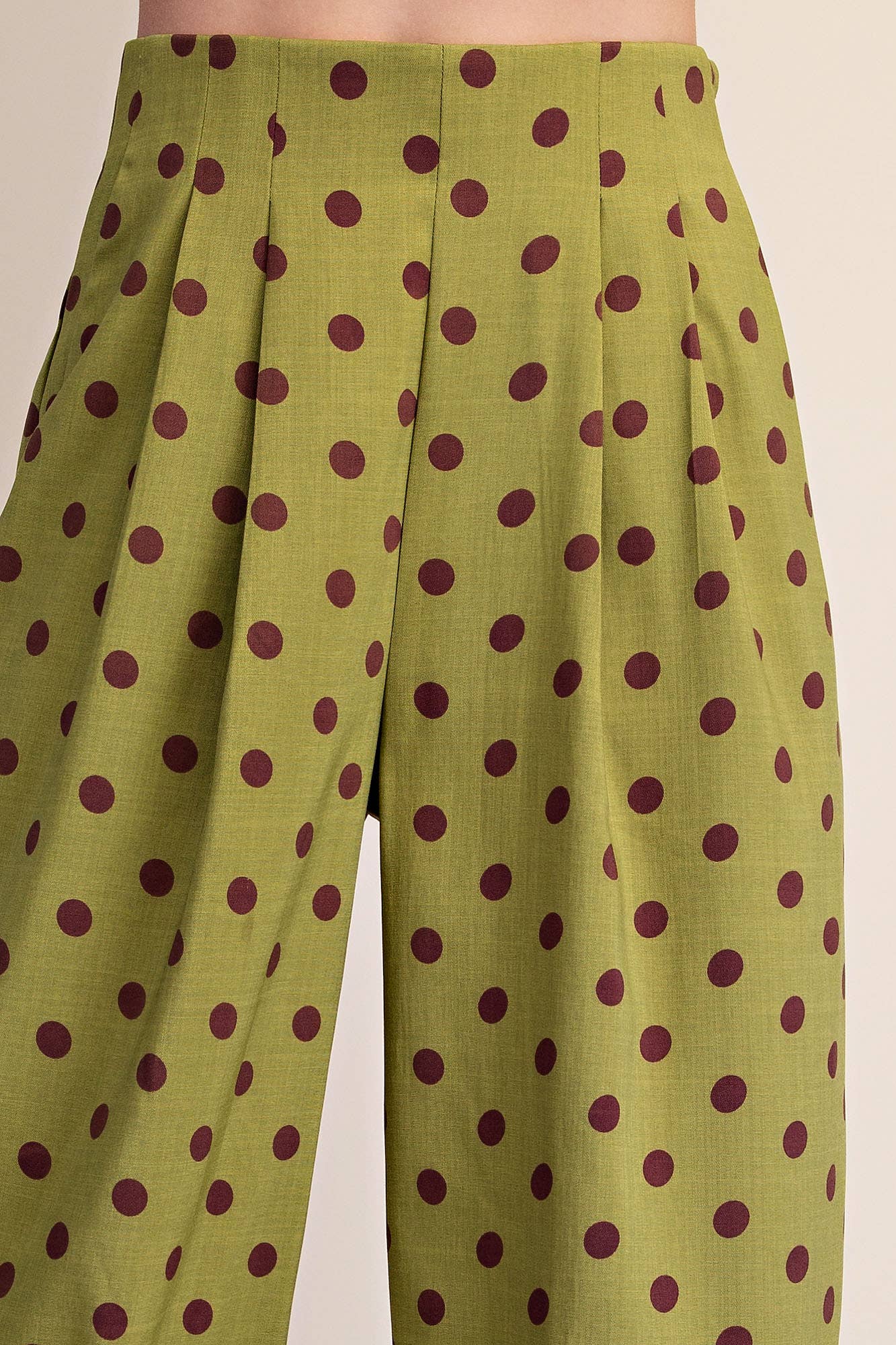 Olive Green Polka Dot Pleated High-Waisted Wide Pants