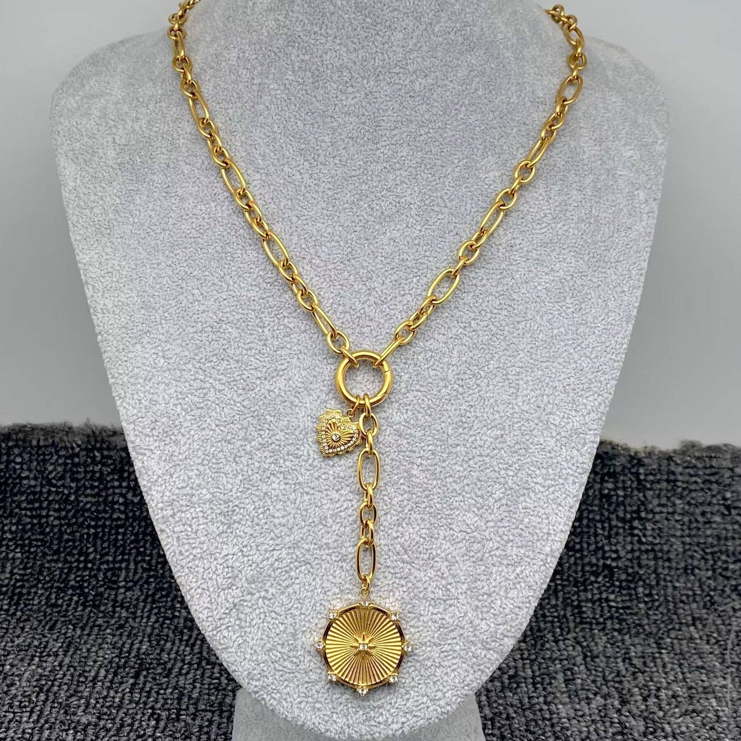 18K Gold Plated SS Y-neck Chain -Sun & Heart Charm