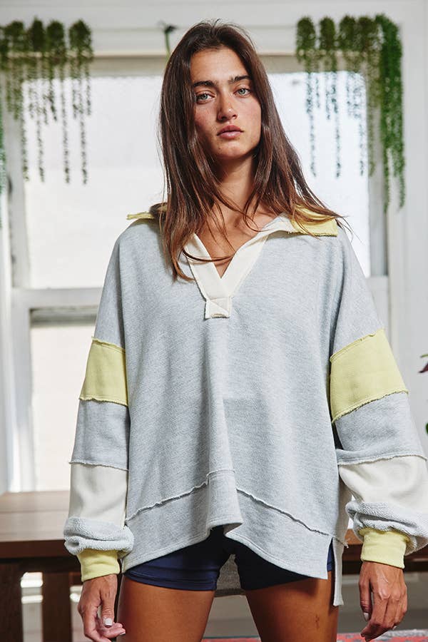 French Terry Color-block Collared Loose Fit Top