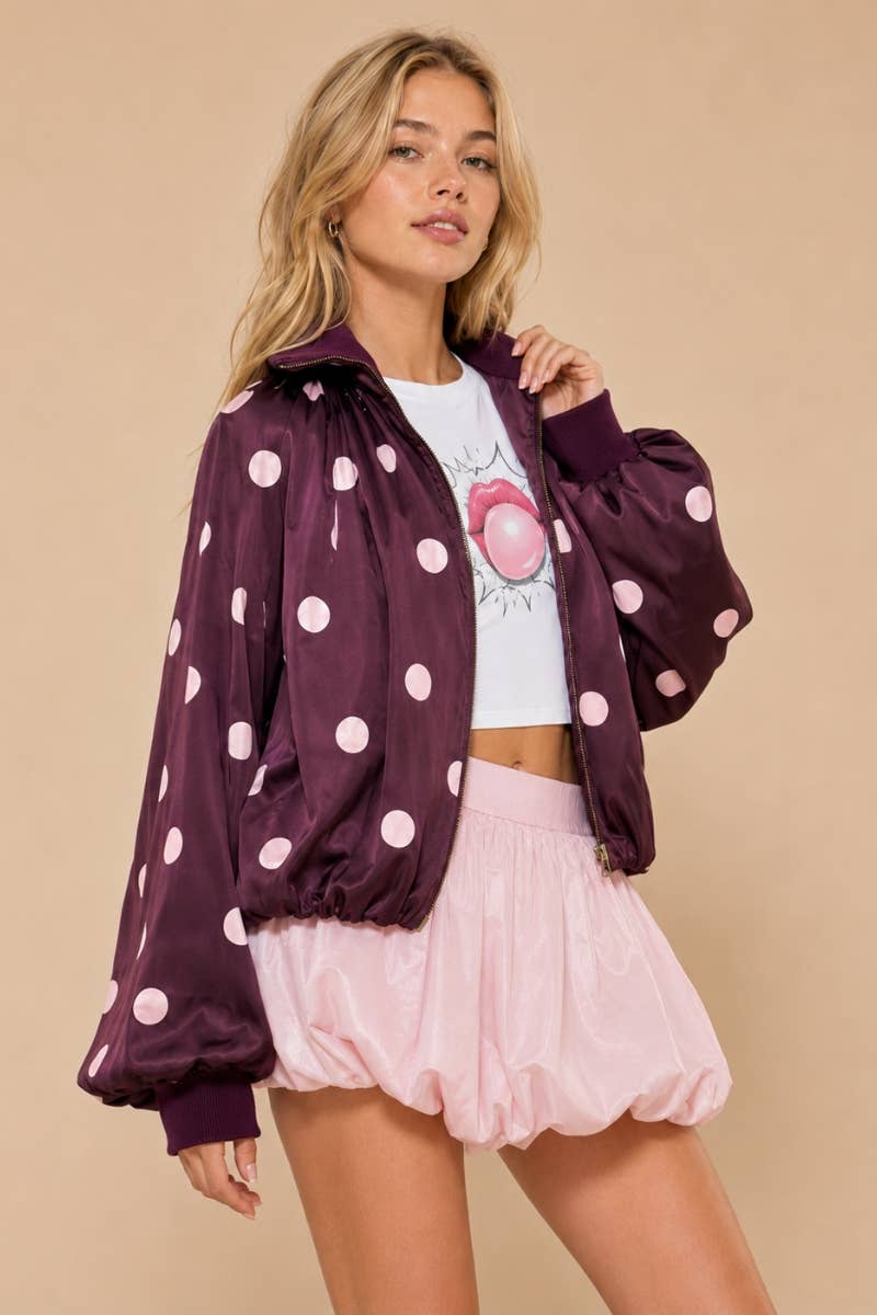 Burgundy & Pink -SATIN POLKADOT BUBBLE JACKET