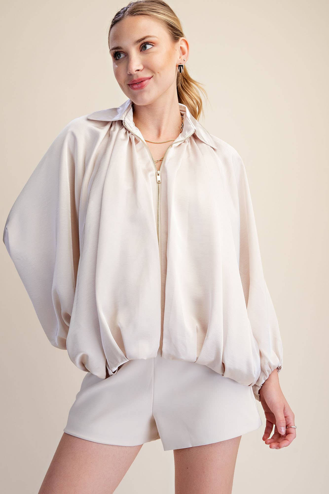 Cream Balloon Zip Up Bomber Jacket
